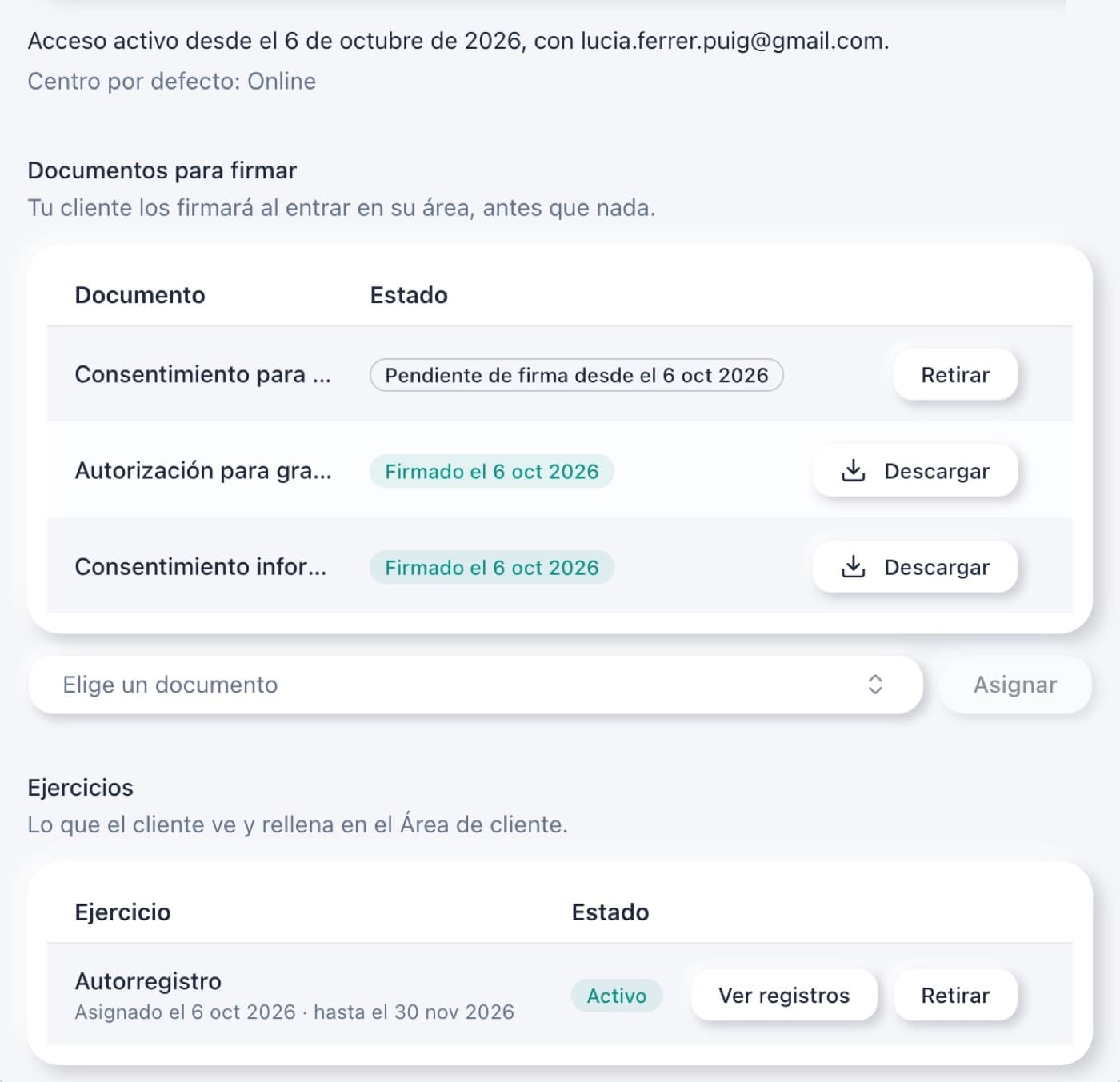 Documents signats, un de pendent i un autoregistre assignat