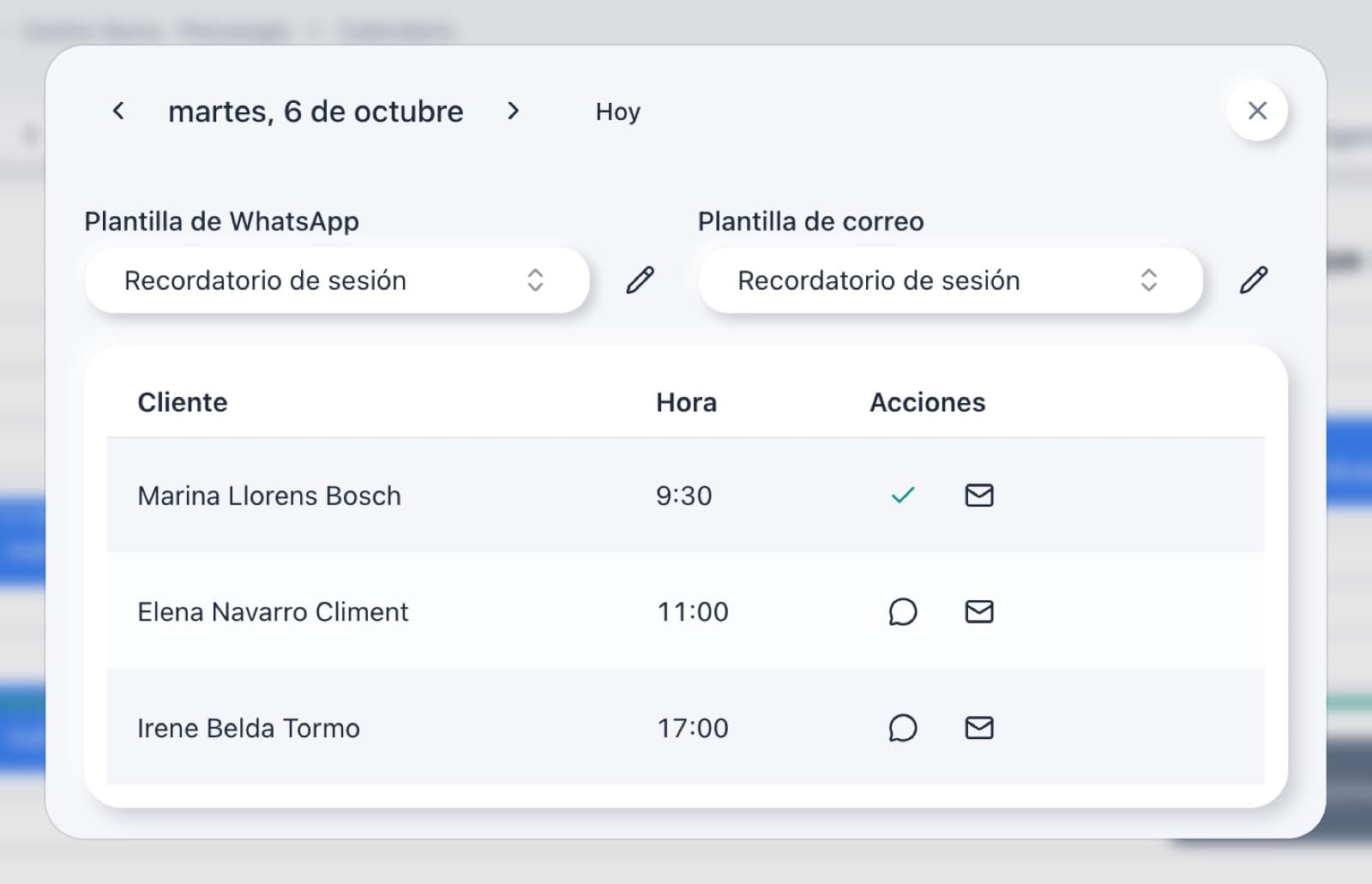 Recordatoris del dia amb plantilla de WhatsApp i una pacient ja avisada